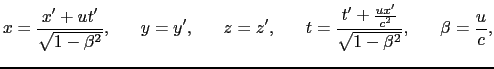 $\displaystyle \gamma = {1 \over{\sqrt{1 - {u^{2} \over{c^{2}}}}}}, \ \ \ \ \
\mu = - {u \over{c^{2}\sqrt{1 - {u^{2} \over{c^{2}}}}}}.$