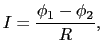 $\displaystyle I
=
{\phi_{1} - \phi_{2} \over{R}},$