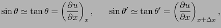 $\displaystyle \sigma \Delta x {\partial^{2}u \over{\partial t^{2}}}
=
T \left ( \sin \theta' - \sin \theta \right ),$