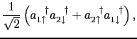 $\displaystyle {1 \over{\sqrt{2}}}\left( a_{1\uparrow}^{\ \ \dag }a_{2\downarrow}^{\ \ \dag } + a_{2\uparrow}^{\ \ \dag }a_{1\downarrow}^{\ \ \dag } \right ),$